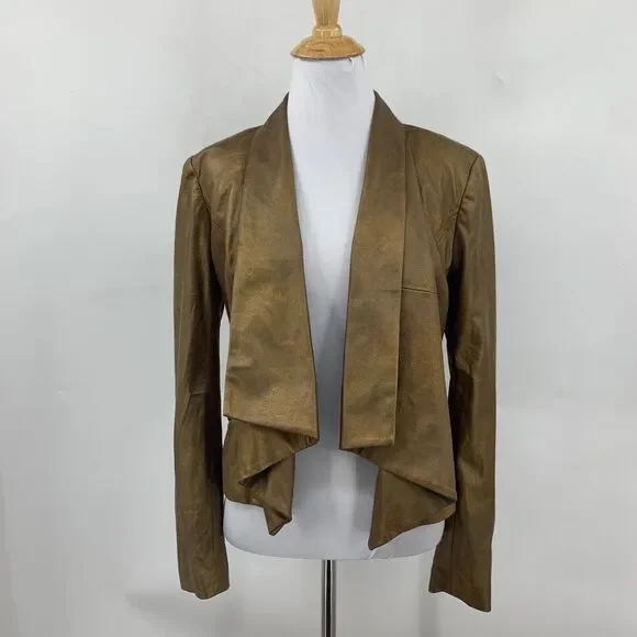 Cache Jacket Womens 0 Metallic Gold Open Front Waterfall Shoulder Pad Cropped - Picture 2 of 12